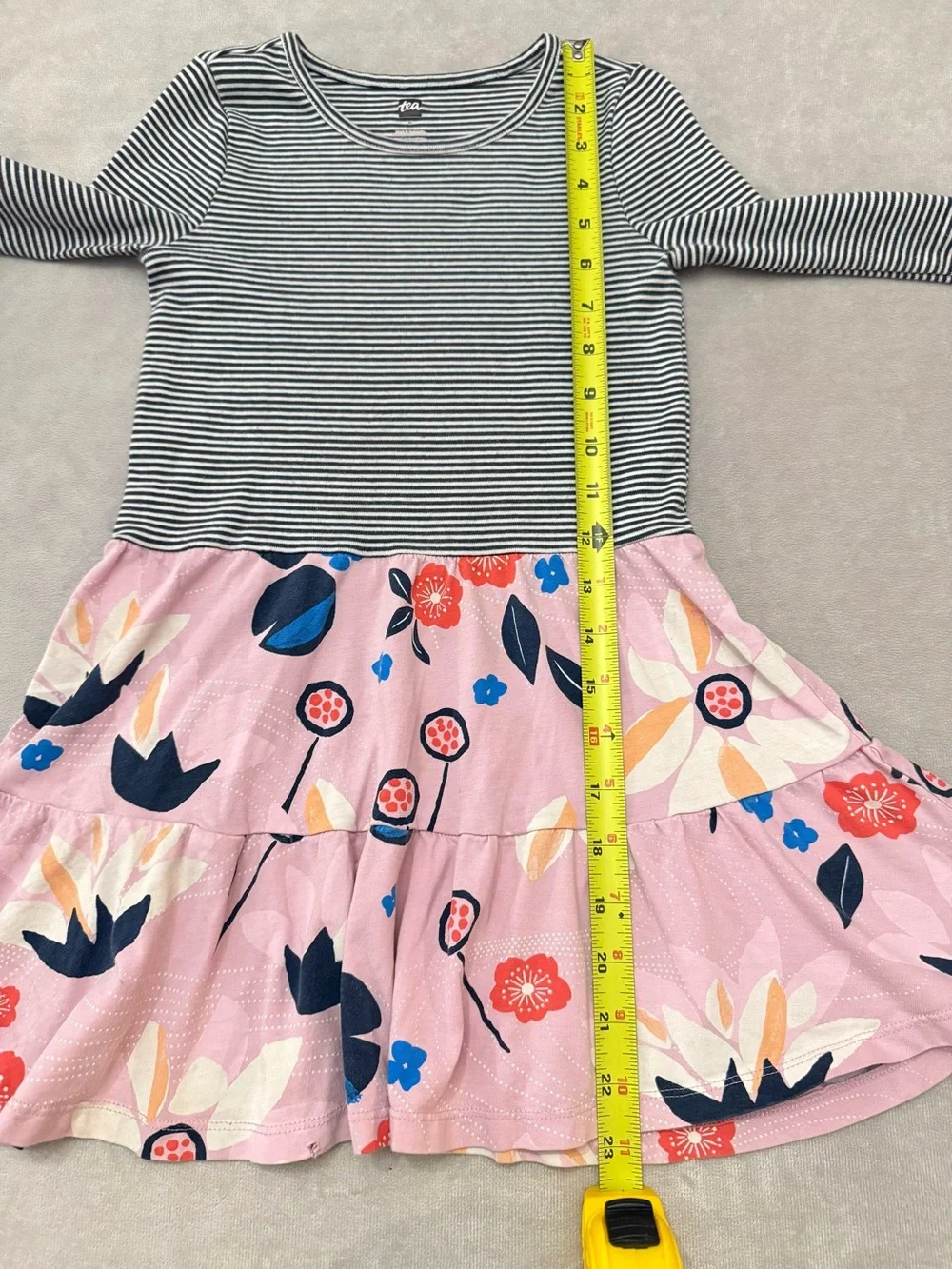 Tea Collection Girls Floral Dress Size 6 Pink Black Striped Long Sleeve Cotton - Picture 4 of 9